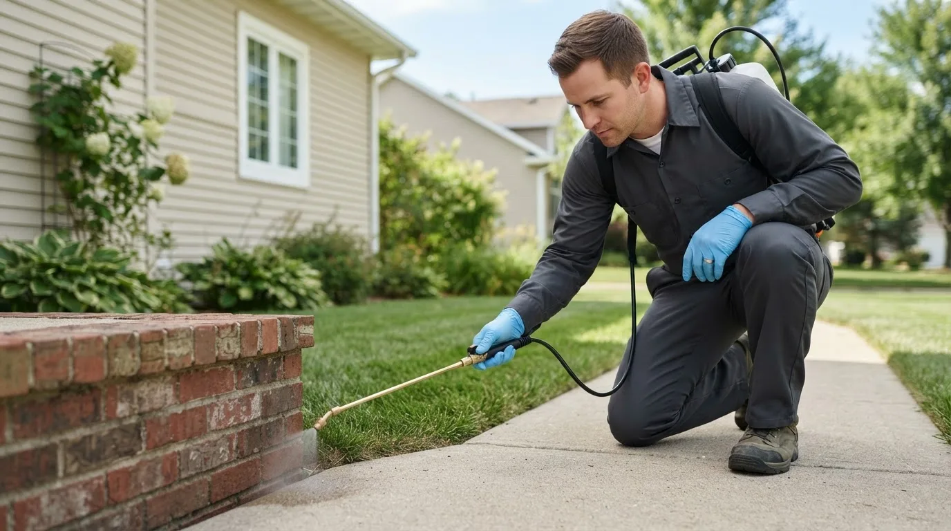 Pest control technician treating a home near Grove City, OH