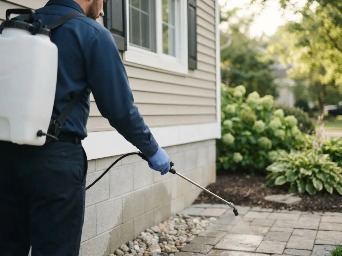 Pest control technician inspecting a home in Grove City, OH